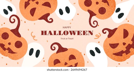 Halloween holiday banner background with friendly ghosts and smiling orange jack-o'-lantern pumpkins, modern design with a textured effect for a seasonal party or sale promotion, vector illustration.