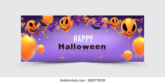 Halloween holiday banner or cover social media with Jack O' Lantern pumpkin, party decorations, balloon, Flags garlands, and serpentine. Party invitation concept carnival background. Vector