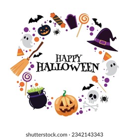 Halloween holiday banner design with candy corn, bat, pumpkin vector illustration