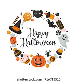 Halloween Holiday Banner Design With Candy Corn And Pumpkin. Vector Illustration