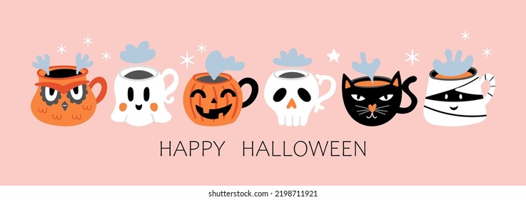 Halloween holiday banner design with cute coffee cup set. Childish print for cards, stickers, party invitations and decoration. Vector illustration