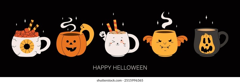 Diseño de Anuncio de vacaciones de Halloween con lindo juego de tazas de café. Impresión infantil para tarjetas, pegatinas, invitaciones de fiesta y decoración. Cacao con malvaviscos en una taza, bebidas calientes. Ilustración vectorial