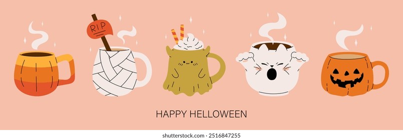 Diseño de Anuncio de vacaciones de Halloween con lindo juego de tazas de café. Impresión infantil para tarjetas, pegatinas, invitaciones de fiesta y decoración. Cacao con malvaviscos en una taza, bebidas calientes. Ilustración vectorial