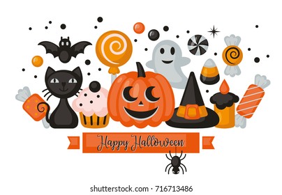 Halloween holiday banner design with jack o lantern pumpkin, candy corn and black cat. Vector illustration