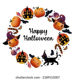 Halloween holiday banner design with spooky house, cat, flasks, butterfly and pumpkin. Vector illustration