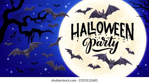 Halloween holiday banner with flying bats on moon background. Vector party card with midnight scene of creepy vampire animals flock and black silhouettes or eerie trees with hanging spiderweb and moss