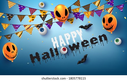 Halloween holiday banner or party invitation with Jack O' Lantern pumpkin, party decorations, balloon, Flags garlands, and serpentine. Party invitation concept carnival background. Vector