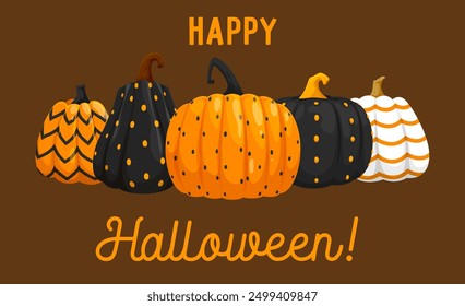 Halloween holiday banner with patterned pumpkins. Festive congratulation banner, featuring cartoon painted gourds with decorative ornament, create a delightful and eerie ambiance for the spooky season