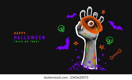 Halloween holiday banner template. Halftone zombie hand sticks out from ground or grave and holds halftone eye with 3d pupil. Vector illustration in collage style for Halloween events with doodles.