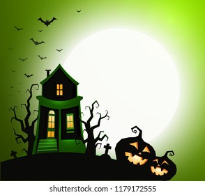 Halloween holiday banner template without text, night party invitation, vector illustration. House with ghost, scary pumpkin silhouette, black dry trees, big white moon with bats flock on background. 