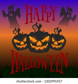Halloween holiday banner, three glowing pumpkins, and ghosts fly at night, vector