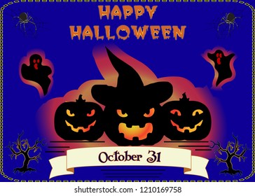Halloween holiday banner, three glowing pumpkins on blue background where ghosts and spiders fly, vector