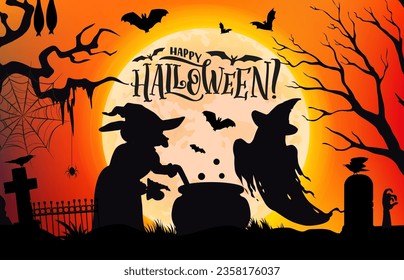 Halloween holiday banner with witch, cauldron and ghost silhouettes on cemetery brewing magic potion. Vector Halloween characters on full moon sky background with spooky trees, bats and zombie hand