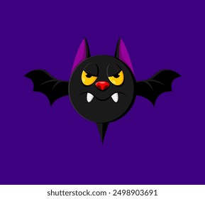 Halloween holiday bat emoji cartoon character. Isolated vector vampire animal emoticon with spooky fangs. pointy ears, wings and yellow eyes, adds a playful touch to festive messages and media posts