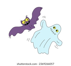 Halloween holiday. Bat and ghost. Funny holiday characters. Vector icons, bright colors. Doodle. Isolated background.	