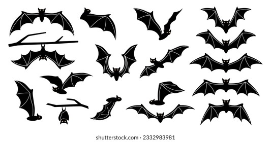 Halloween holiday bat silhouette set isolated on white. Spooky black horror bat graphic. Vector illustration of creepy flying mouse bats, set of bat-mouses on tree branches