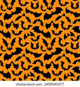 Halloween holiday bats pattern, seamless background for horror night holiday, cartoon vector. Flying scary vampire bats in black silhouettes on orange background for Halloween decoration pattern