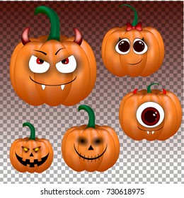 Halloween holiday. Big set of pumpkins for Halloween  on transparent background. Vector illustration.
Halloween pumpkin vector. Autumn, or autumn festival, and harvest festival.