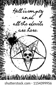 Halloween holiday black card with demon skull. Hand drawn flyer posters and greeting card with handwritten lettering text words quote and phrase. Vector.