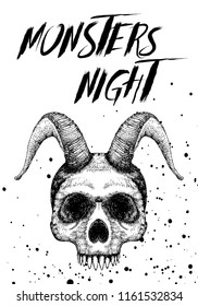 Halloween holiday black card with demon skull. Hand drawn flyer posters and greeting card with handwritten lettering text words quote and phrase. Vector.