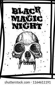 Halloween holiday black card with demon skull. Hand drawn flyer posters and greeting card with handwritten lettering text words quote and phrase. Vector.