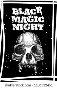 Halloween holiday black card with demon skull. Hand drawn flyer posters and greeting card with handwritten lettering text words quote and phrase. Vector.