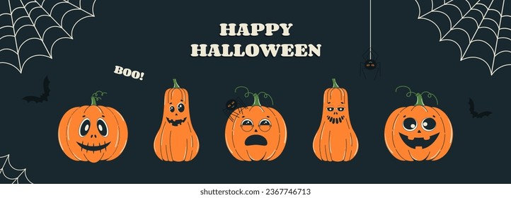Halloween holiday black color banner with Orange Pumpkins smile face in retro cartoon style. Vintage spooky October party or invitation background. Vector horizontal template 