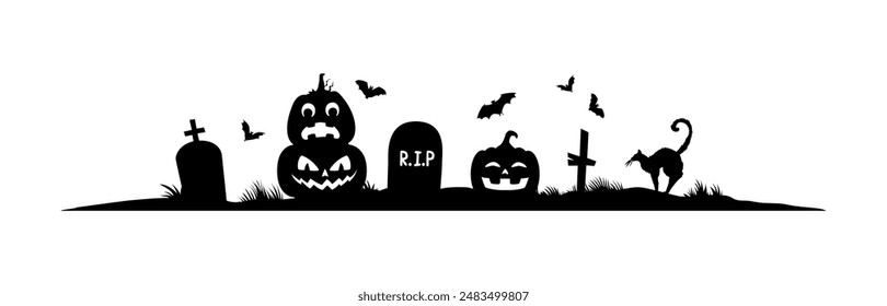 Halloween holiday black frame border or divider with spooky pumpkins on cemetery, vector silhouette. Halloween holiday border frame with witch black cat and RIP tombstone on graveyard with bats