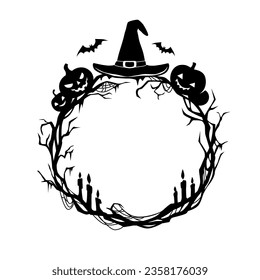 Halloween holiday black frame with candles and bats, witch hat and pumpkins, vector border. Halloween horror night circle border frame with spooky scary pumpkin and creepy trees for greeting card