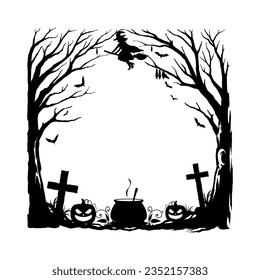 Halloween holiday black frame with cemetery, pumpkins, cauldron, witch flying on broomstick, bats and creepy trees silhouettes. Vector square border with Hallowmas holiday decor and spooky characters