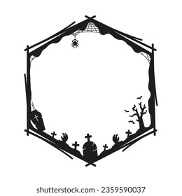 Marco negro feriado de Halloween, frontera hexagonal vectorial aislado con tumbas de cementerio embrujadas, manos zombis, murciélagos voladores, ataúd con cruz, árbol espeluznante, araña colgando de siluetas de cuerdas y telaraña