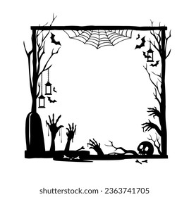 Halloween holiday black frame. Isolated vector eerie square decorative border featuring a spooky cemetery tomb, haunting zombie hands, bats, skull, cobweb and lanterns hanging on creepy tree branches