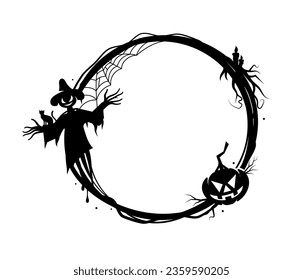 Marco negro feriado de Halloween con calabaza y espantapájaros, borde de silueta vectorial. Noche de horror de Halloween marco de borde de círculo con monstruo espeluznante de calabaza, velas y escalofriante gato brujo