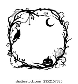 Halloween holiday black frame with silhouettes of the owl sitting on tree branch, crescent, jack-o-lantern pumpkin, spider and cobwebs. Isolated vector decorative border or vignette with spooky decor