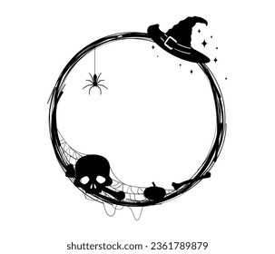 Halloween holiday black frame, skull and witch hat in spiderweb, vector spooky border silhouette. Halloween horror night circle border frame with pumpkin, creepy skeleton bones and spider in cobweb