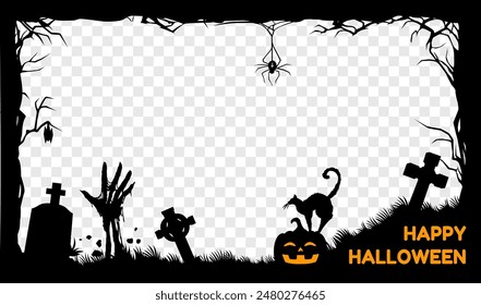 Halloween holiday black frame for social media post, vector template with zombie hands on cemetery. Halloween horror night border frame with pumpkin lantern and tombstone for social media post