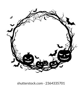 Halloween holiday black frame with spooky pumpkins and spider cobwebs, vector border silhouette. Halloween holiday greeting card or poster with frame of flying bats and scary pumpkins in spiderweb