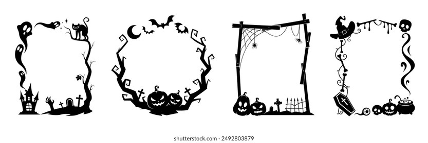 Halloween holiday black frames. Isolated vector scary borders with creepy pumpkin faces, skulls, spiderweb and witch hat, black cat, crows or bats and cemetery, tree branches, castle silhouettes