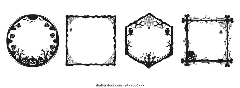 Halloween Feiertage schwarze Rahmen mit Kürbissen, Buh Geister, Fledermäuse und Schädel, Vektor Silhouette Grenzen. Halloween Horror Nacht Rahmen mit gruseligen gruseligen Monstern, gruselige Spinne im Spinnennetz und Eulen