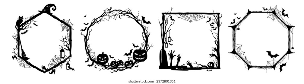 Halloween holiday black frames set. Trick or treat scary silhouettes vector borders with horror pumpkins, bats, witch hat and cat. Cobweb, cemetery tombstones, zombie hand and skull frames templates