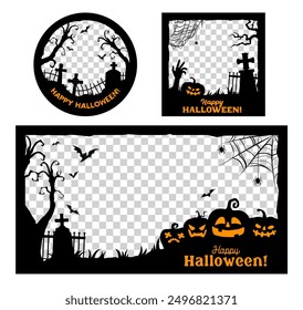 Halloween holiday black frames for social media post template, vector silhouettes. Happy Halloween horror night border frames with pumpkin lantern and tombstone or zombie hand on cemetery for posts