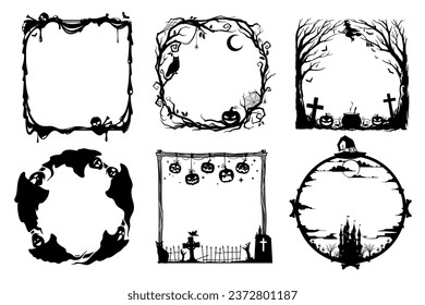 Halloween holiday black frames with vector silhouettes of pumpkins, ghosts, witch and cemetery. Trick or treat horror skulls, zombie hand, creepy trees and tombstones, cauldron and bats borders set