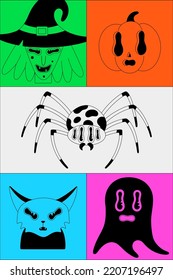 Halloween holiday. Black spooky fantasy characters in bright frames. Witch, pumpkin, poisonous spider, ghost, cat. Cartoon scary portraits. Black outline. Poster, print on clothes, postcard