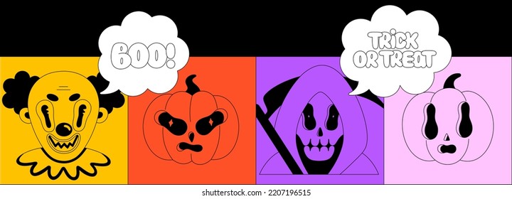 Halloween holiday. Black spooky fantasy characters in bright frames. Clown, pumpkins, grim reaper. Boo and trick or treat lettering in speech bubbles. Cartoon scary portraits. Black outline