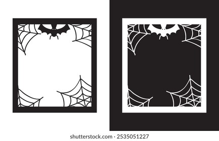 Dia das Bruxas férias preto e branco quadro com aranhas em teias de aranha, fundo de vetor noite de horror com bordas. Cartaz de feriado de Halloween ou cartão de felicitações com teia de aranha . Ilustração vetorial. EPS 10 