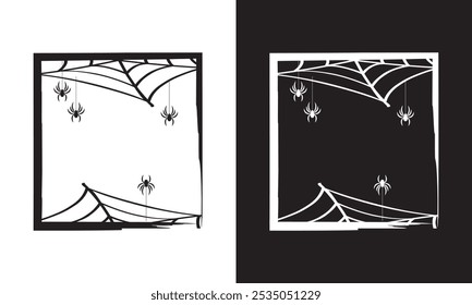 Dia das Bruxas férias preto e branco quadro com aranhas em teias de aranha, fundo de vetor noite de horror com bordas. Cartaz de feriado de Halloween ou cartão de felicitações com teia de aranha . Ilustração vetorial. EPS 10 