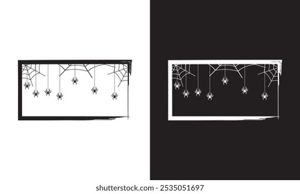 Dia das Bruxas férias preto e branco quadro com aranhas em teias de aranha, fundo de vetor noite de horror com bordas. Cartaz de feriado de Halloween ou cartão de felicitações com teia de aranha . Ilustração vetorial. EPS 10 