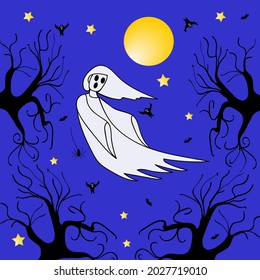 Halloween holiday. Blue sky with bats. Flying ghost among the trees. Vector illustration.