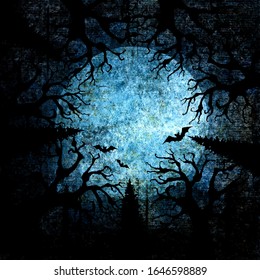 Halloween holiday blue teal gray grunge background with silhouettes of spider webs and spiders on dark spooky night sky. Halloween, horror concept. Space for text. Vector