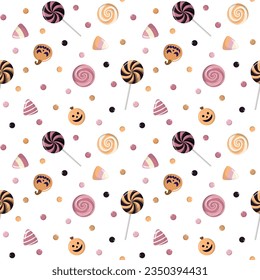 Patrón de caramelos feriados de Halloween. Fondo vectorial con caramelos de Halloween. Postres espeluznantes. Aislado sobre fondo blanco. La mano dibujó deliciosos dulces.